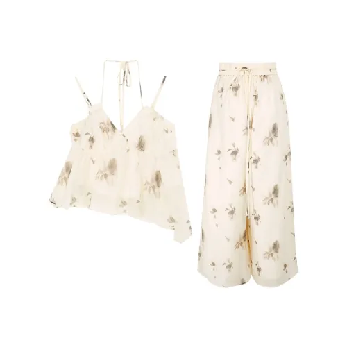 3COLOUR Casual Suits Women's Set Ecru Floral Top+Pants