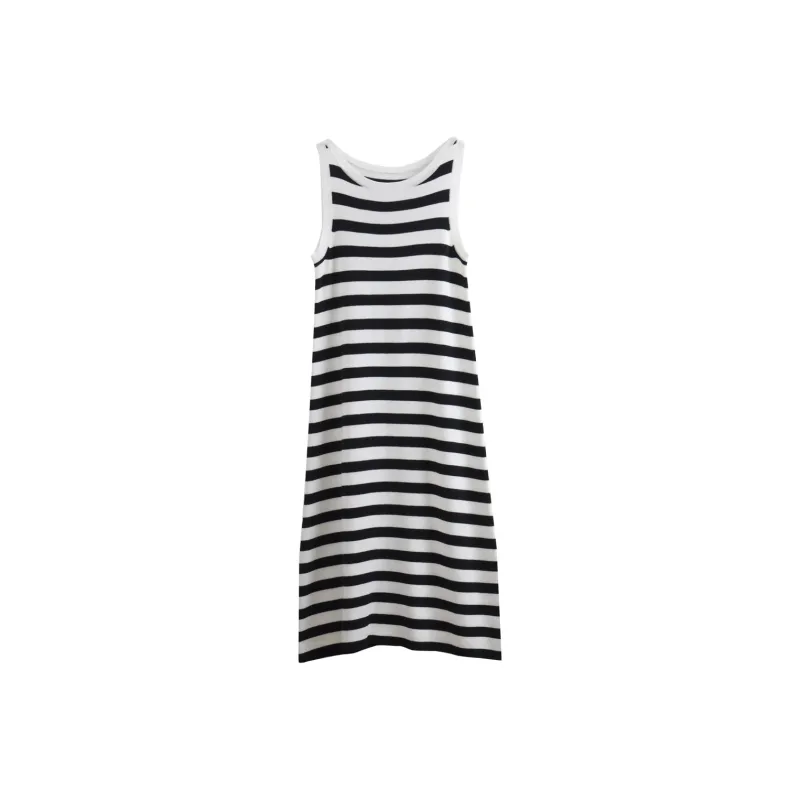 Olrain Sleeveless Dress Women's Black White Stripes-0
