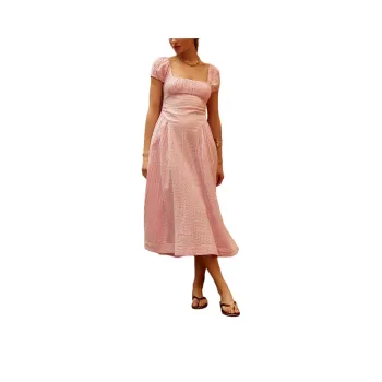 FREE PEOPLE Ciara Pucker Check Midi Short-Sleeved Dresses Women's Pink Tulle/Pink Sheer
