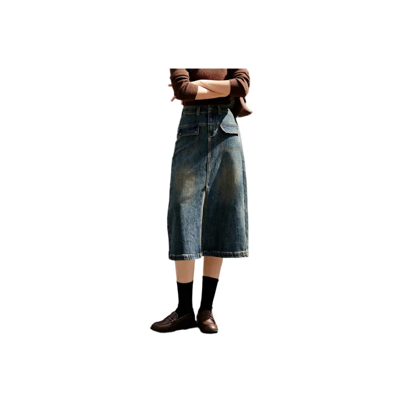 Mo Han Yi Mei Denim Long Skirts Women's Vintage Blue-0