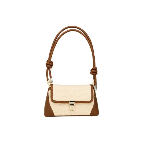 AJIDOU Fabric+Artificial Leather Shoulder Bag Trumpets Women's Beige