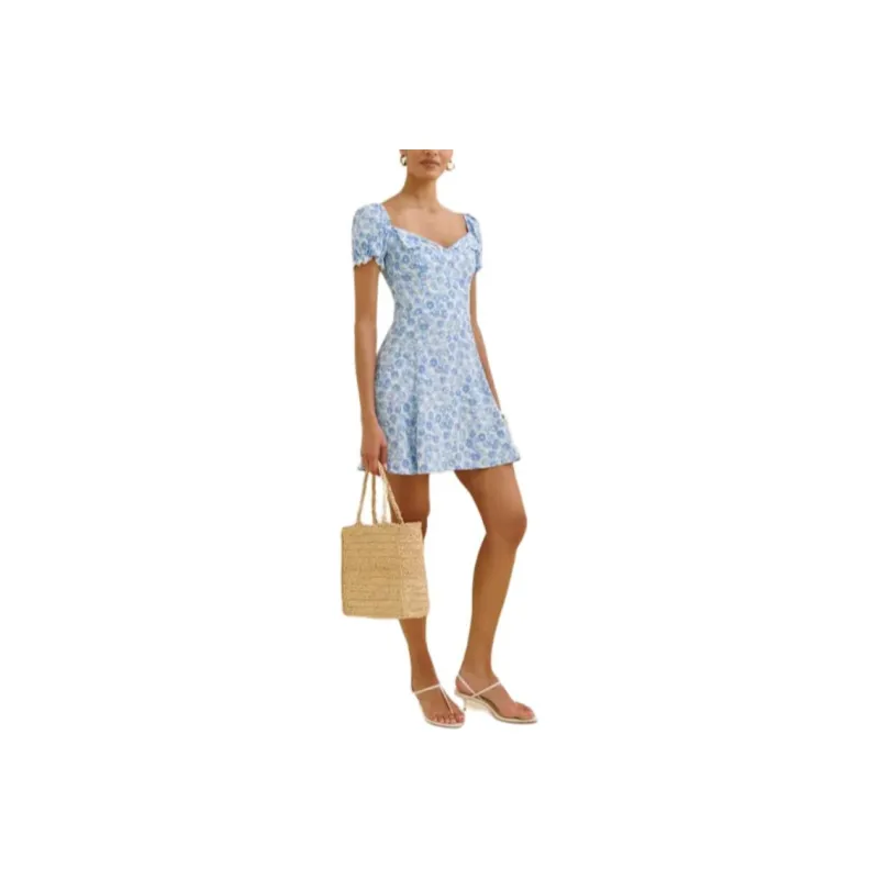 REFORMATION Suzette Short Sleeved Dress Women's Blue Daisy-0
