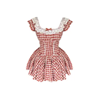 AINUOERMY Short Sleeved Dress Women's Red Plaid