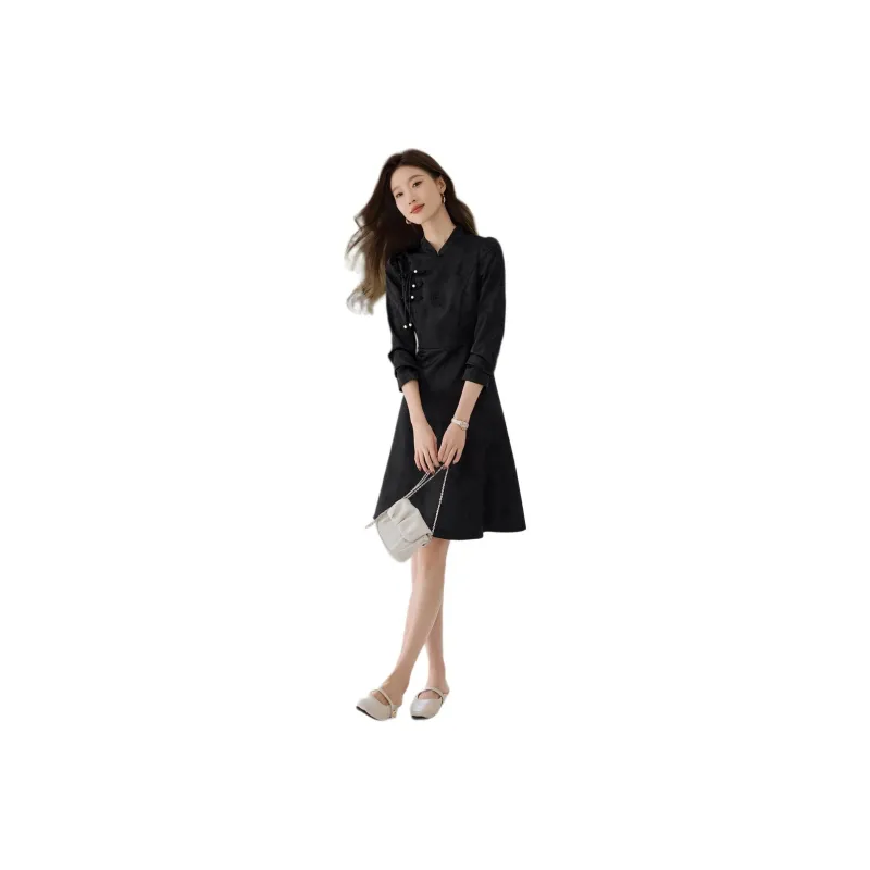 Mo Han Yi Mei Long Sleeved Dresses Women's Black-0