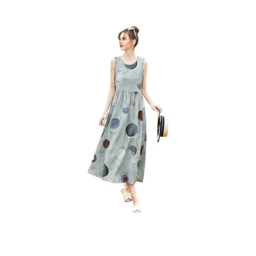 TOUCH Sleeveless Dress Women's Gray Green Base Color Polka Dot