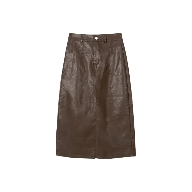 FAWENXIANGZI Leather Long Skirt Women's-5