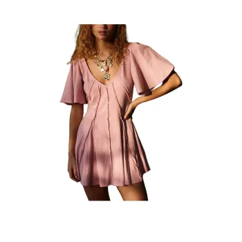 FREE PEOPLE Angelique Mini Short-Sleeved Dresses Women's Silver Pink Silver Pink/Silver Pink