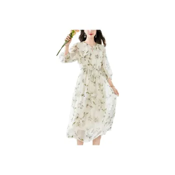 Yi Mengyuan High-End Heavyweight Mulberry Silk Long-Sleeved Dress Women's Pickle Green