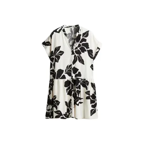 H&M Short Sleeved Dress Women's Cream/Black Potpourri