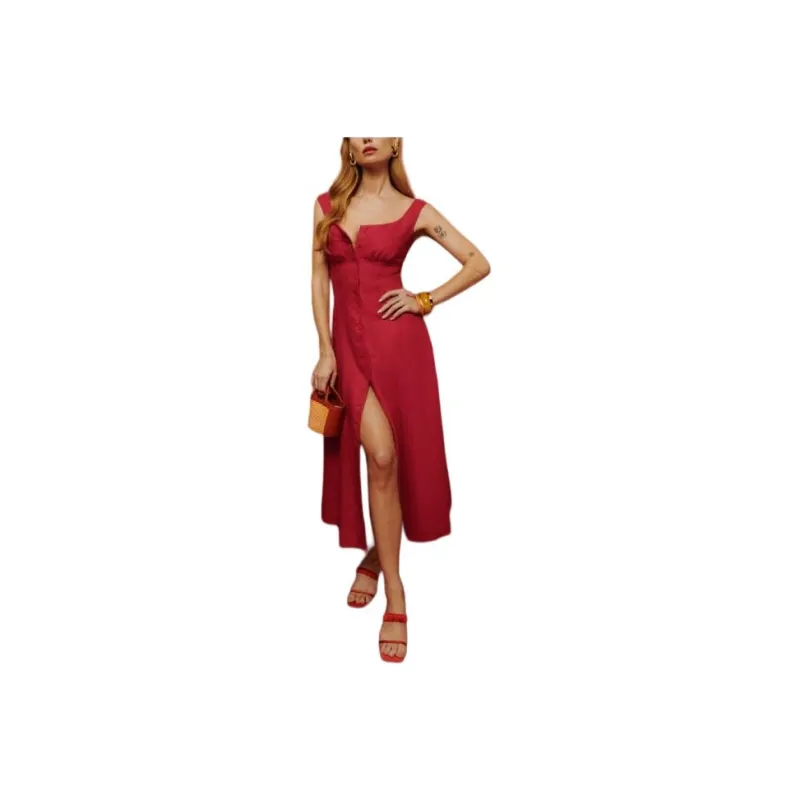 REFORMATION Louisa Linen Dress Slip Dresses Women's Cherry Color-0