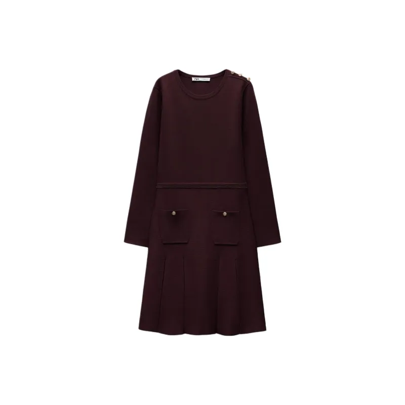ZARA Long Sleeved Dresses Women's Burgundy-0