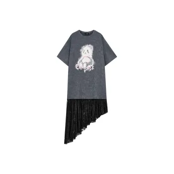 ELF SACK Short Sleeved Dress Women's Elegant Black Gray