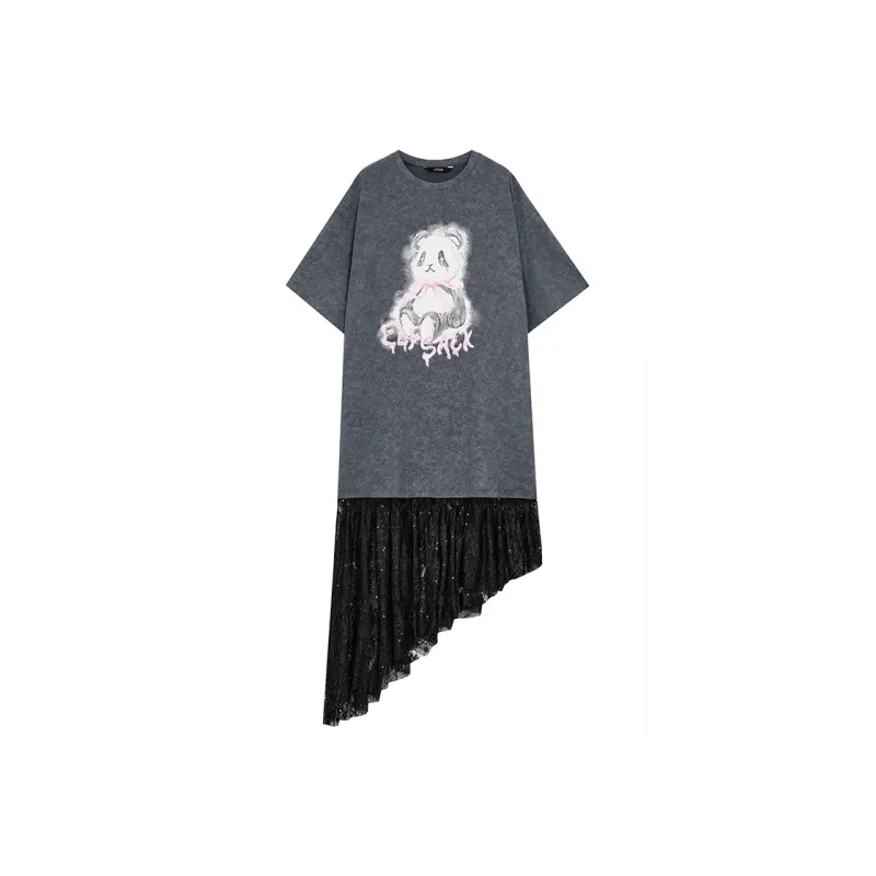 ELF SACK Short Sleeved Dress Women's Elegant Black Gray-0
