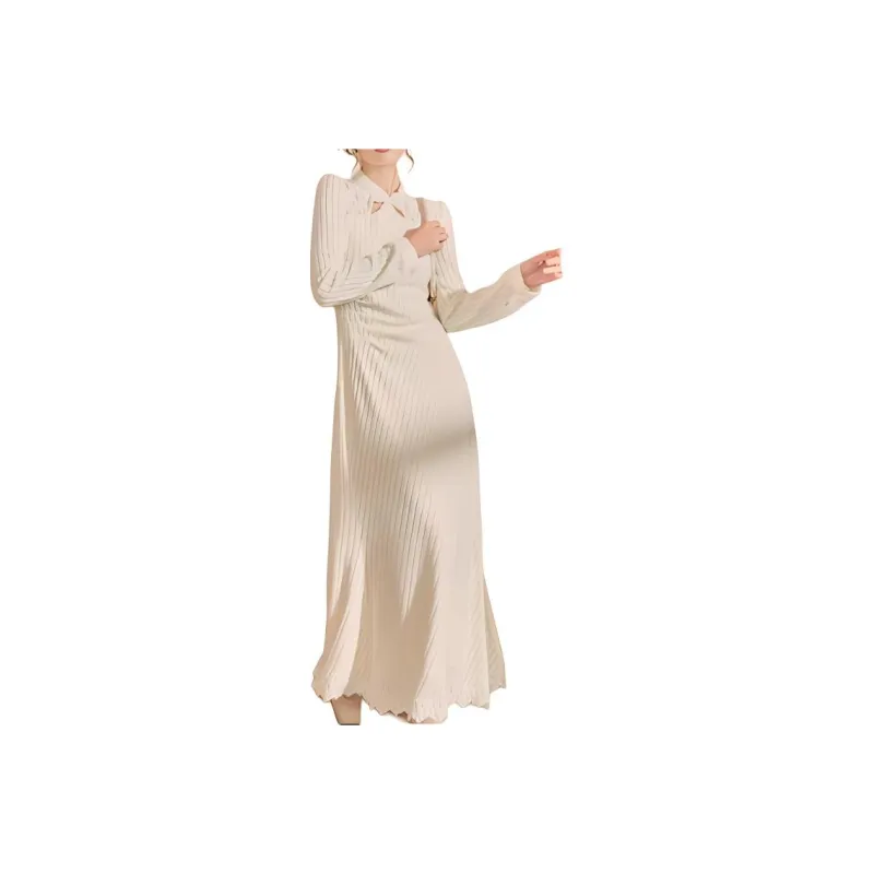 QIAOYUHUAZUN Long Sleeved Dresses Women's Ecru-0