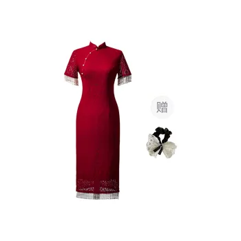 PAVEA Short Sleeved Dress Women's Burgundy+Hair Tie Comes With