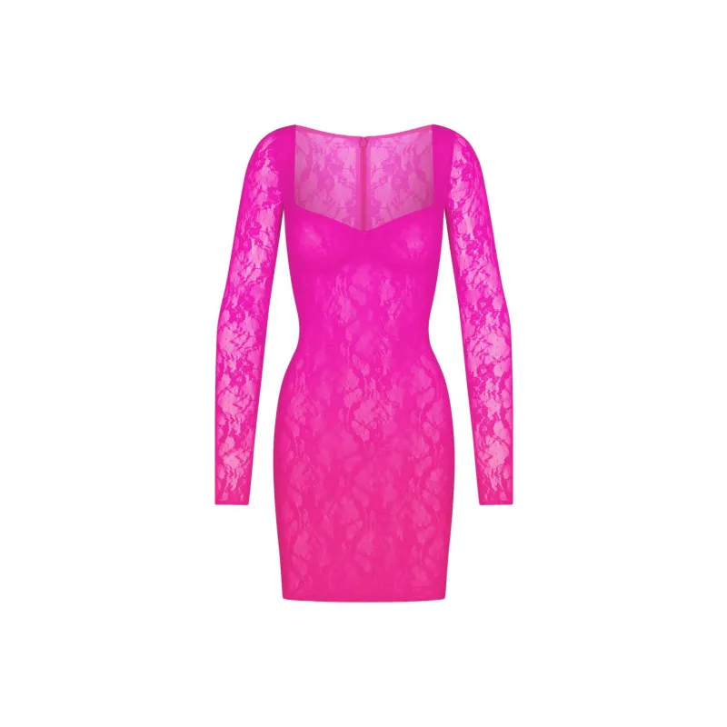 SKIMS STRETCH LACE LINED LONG SLEEVE UNDERWIRE DRESS Long-Sleeved Dresses Women's NEON PINK/Neon Pink-0