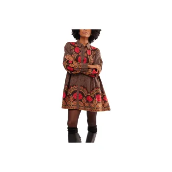 FREE PEOPLE Smell The Roses Mini Dress Long-Sleeved Dresses Women's Dark Coffee Combo/Dark Coffee Coffee Combo