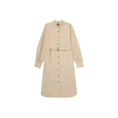 tommy color Hilfiger Solid Belted Shirtdress Dresses & Skirts Khaki Sand Long-Sleeved Dresses Women's Khaki