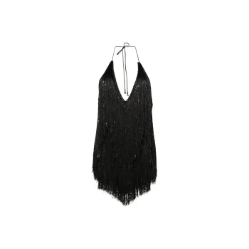 Rotate Sequined Fringed Mini Halterneck Dress