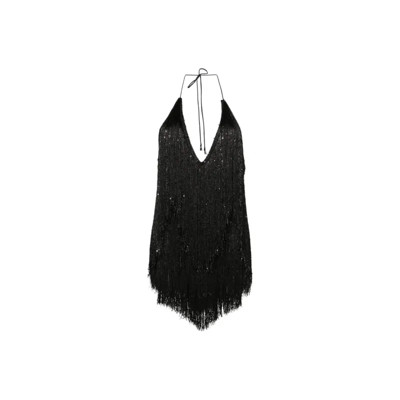 Rotate Sequined Fringed Mini Halterneck Dress-0