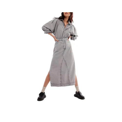 FREE PEOPLE Mad Love Denim Midi Dress Long-Sleeved Dresses Women's Moonstone/Moonlight Stone Color