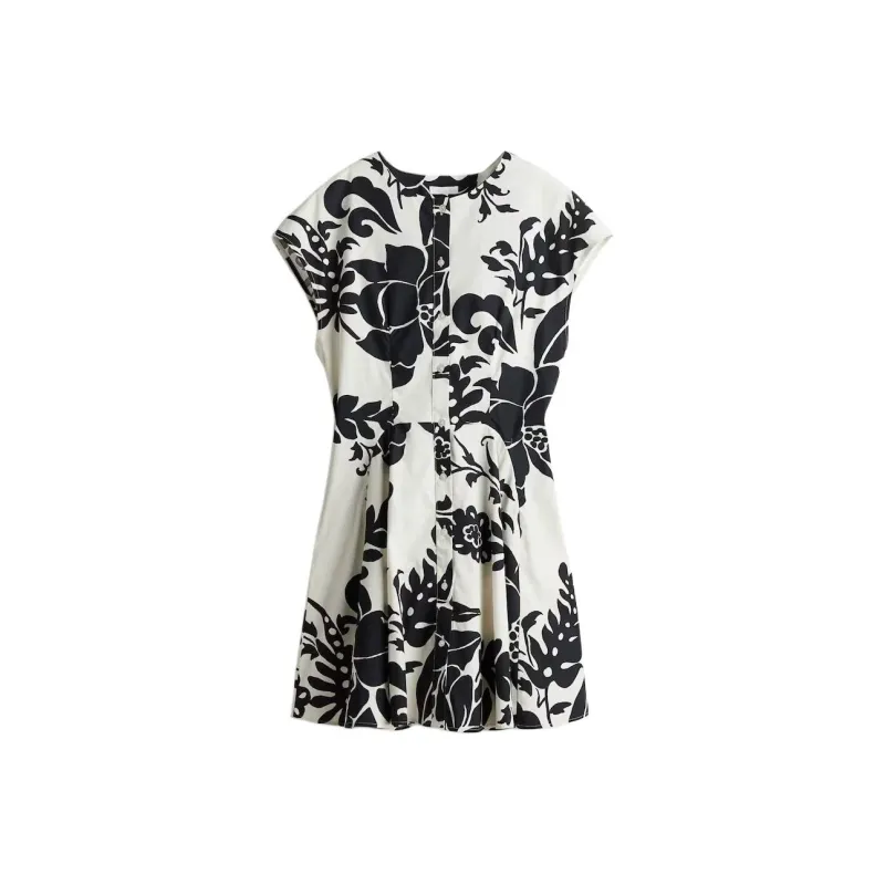 H&M Short Sleeved Dress Women's White/with Pattern-0