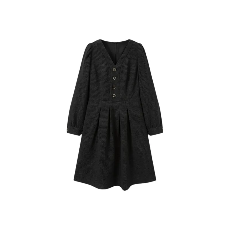 TKY SHOP Long Sleeved Dress Women's Simple Black-0