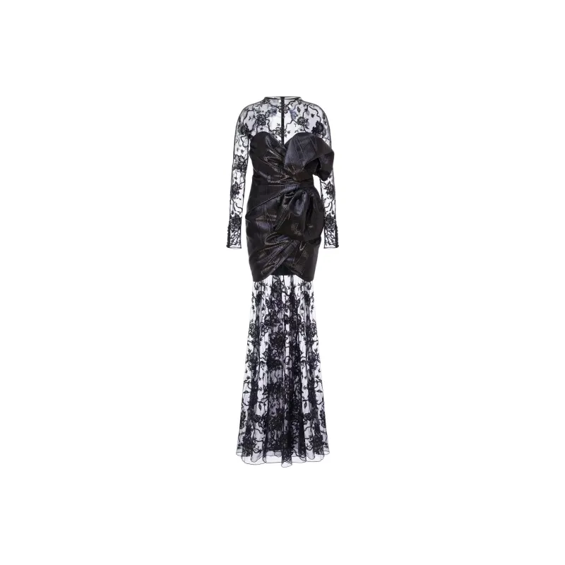 MOSCHINO Lurex Moiré And Embroidered Tulle Dress Long-Sleeved Dresses Women's Black-0