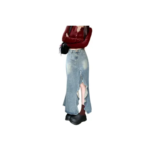 Oudifu Denim Long Skirts Women's Light Blue
