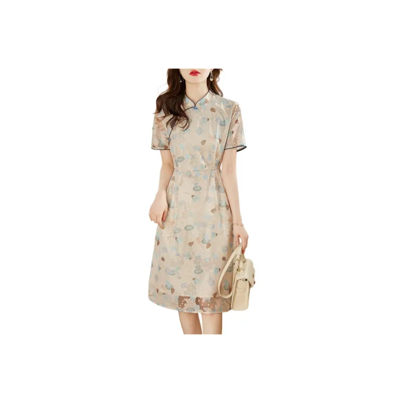 Still Quiet Short Sleeved Dresses Women's Beige-0