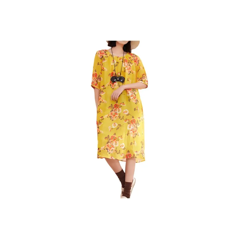 PUKKA Short-Sleeved Dresses Women's Yellow Base With Print-0