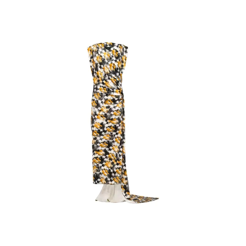 PRADA Long Printed Satin Dress Sleeveless Dress Women's Yellow-0