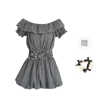 TORIGHT Short Sleeved Dress Women's Plaid+Bowknot Hair Tie Comes With