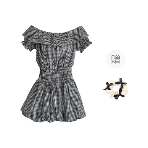 TORIGHT Short Sleeved Dress Women's Plaid+Bowknot Hair Tie Comes With