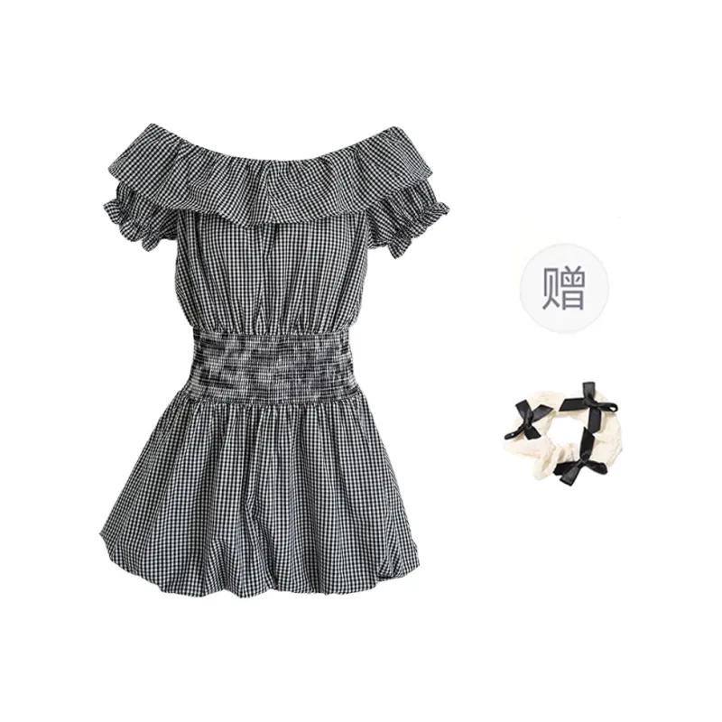 TORIGHT Short Sleeved Dress Women's Plaid+Bowknot Hair Tie Comes With-0