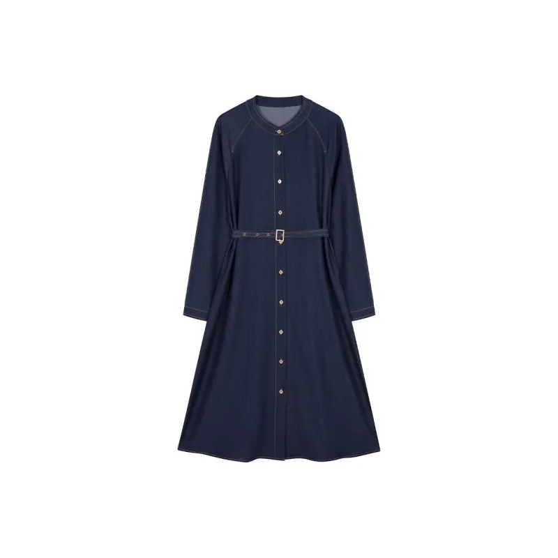 IHIMI Long Sleeved Dress Women's Dark Denim Blue-0
