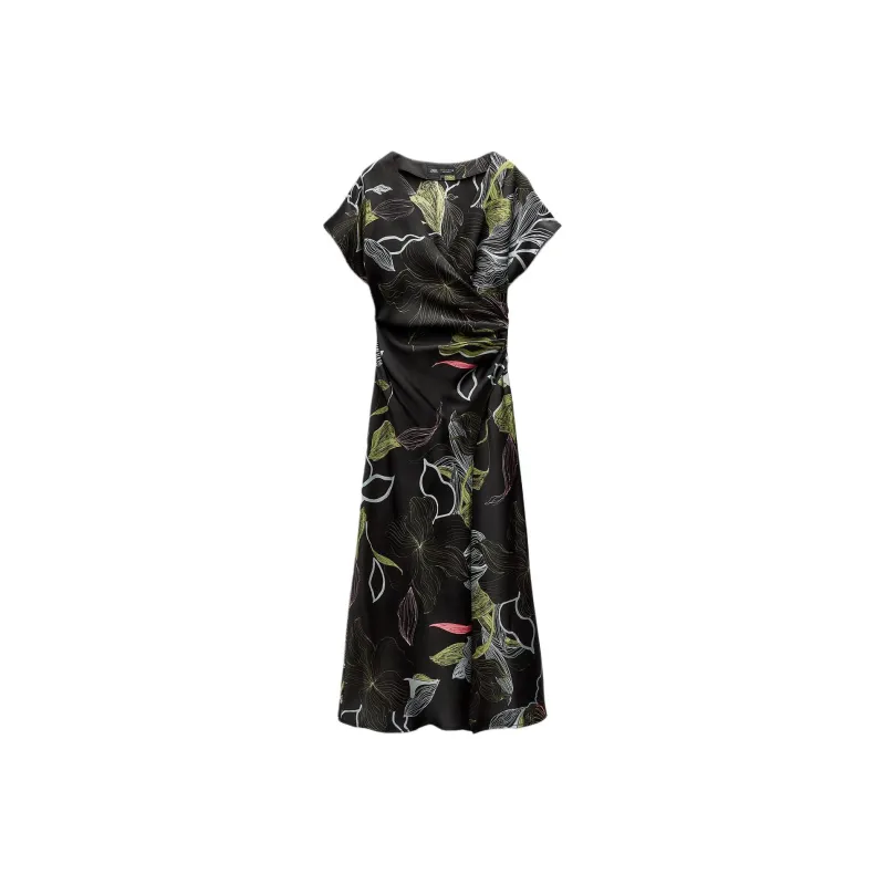 ZARA Short Sleeved Dress Women's Black/Green-0