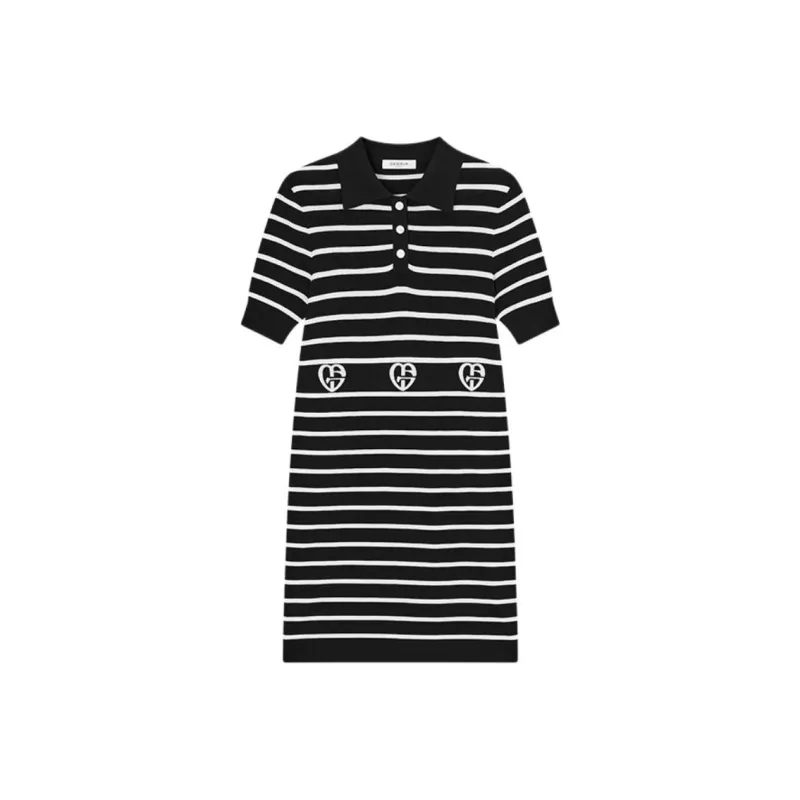 DEGAIA Short Sleeved Dress Women's Black Stripes-0