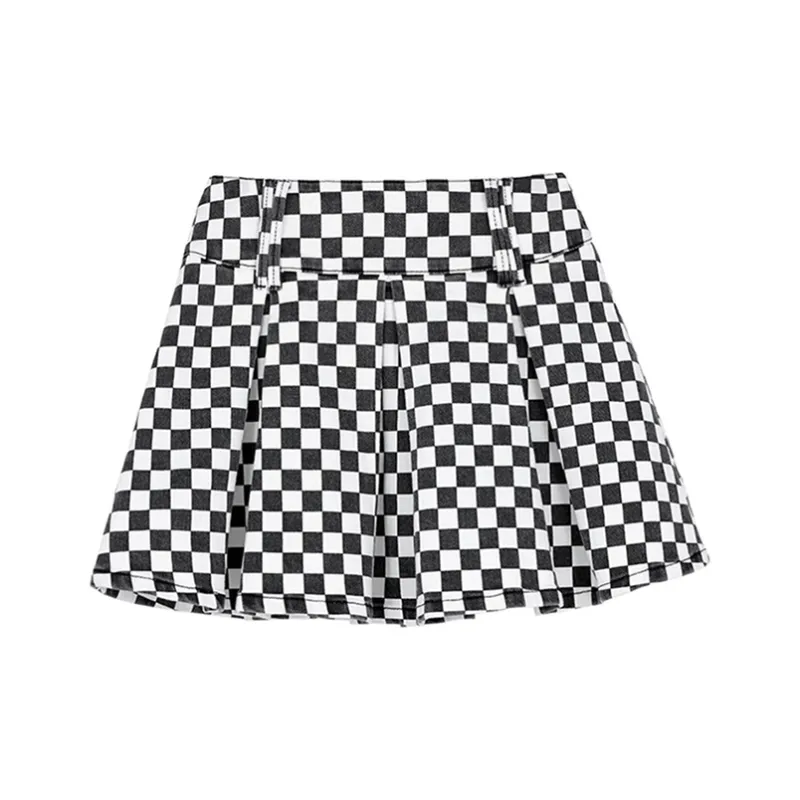SMFK Casual Short Skirts Women's Black White Plaid-0