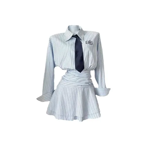 AFGGD Long Sleeved Dresses Women's Blue Stripes