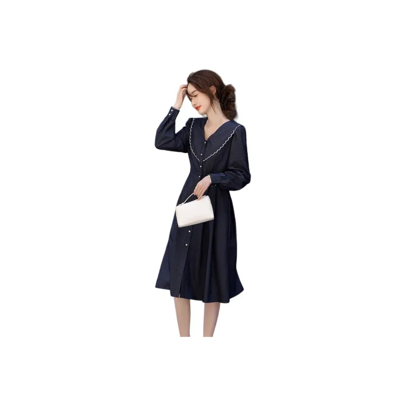 【dme】 Long Sleeved Dresses Women's Navy Blue-0