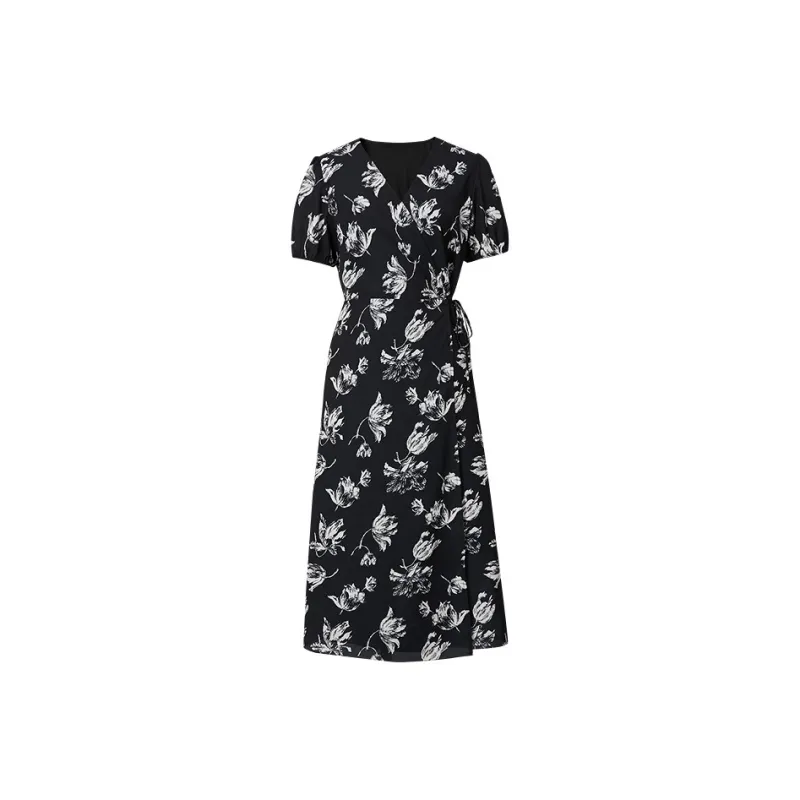 Hopeshow Short Sleeved Dress Women's Black White Floral 601-0
