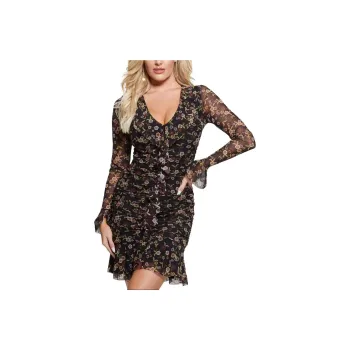 GUESS SS24 Eco Rosalee Ruffle Dress Long-Sleeved Dresses Women's Black