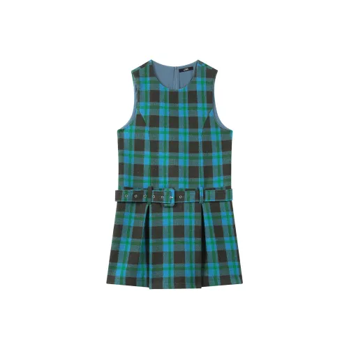 ELF SACK Sleeveless Dress Women's Geek-Chic Blue And Green Plaid