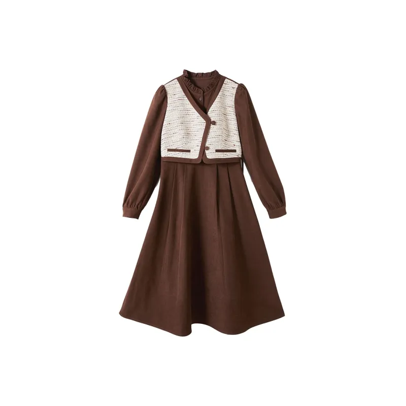 XIANGYING Long Sleeved Dress Women's Coffee-0