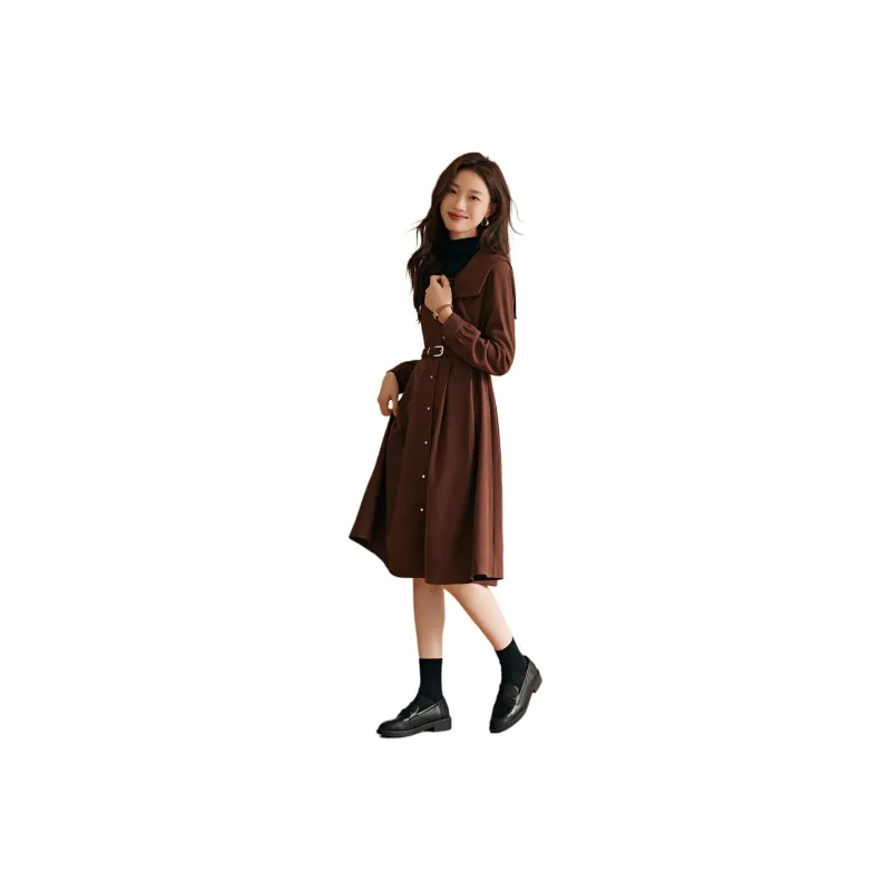 Mo Han Yi Mei Long Sleeved Dress Women's Coffee-0