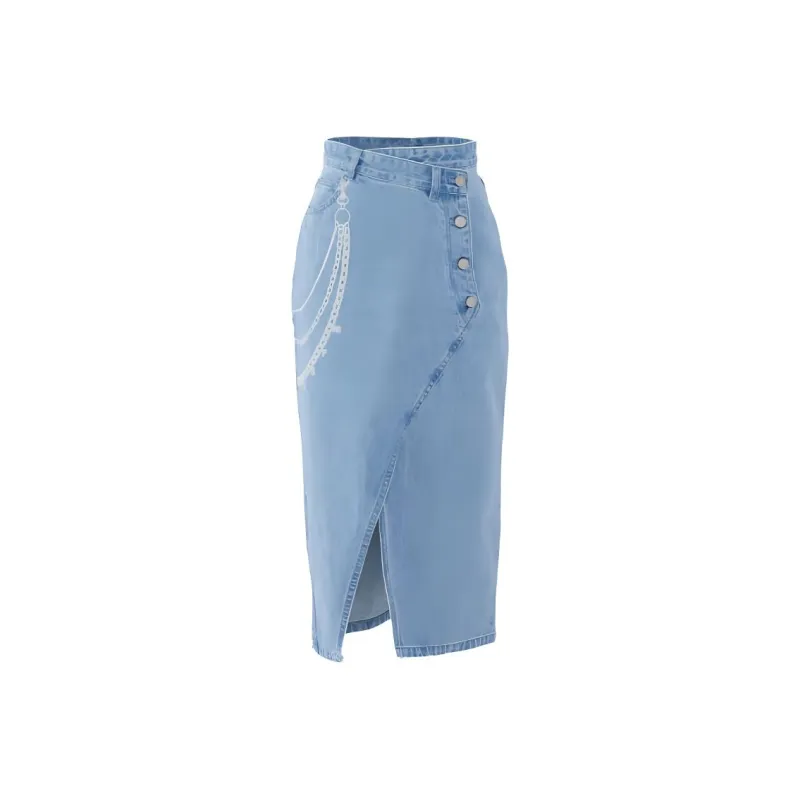 MASFER.SU Denim Long Skirts Women's Light Blue-0