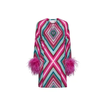 Valentino Geometric Printed Feather Detailed Dress