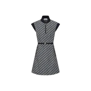 DIOR Belted Dress Technical Taffeta Jacquard With Sleeveless Dress Women's Marine Blue