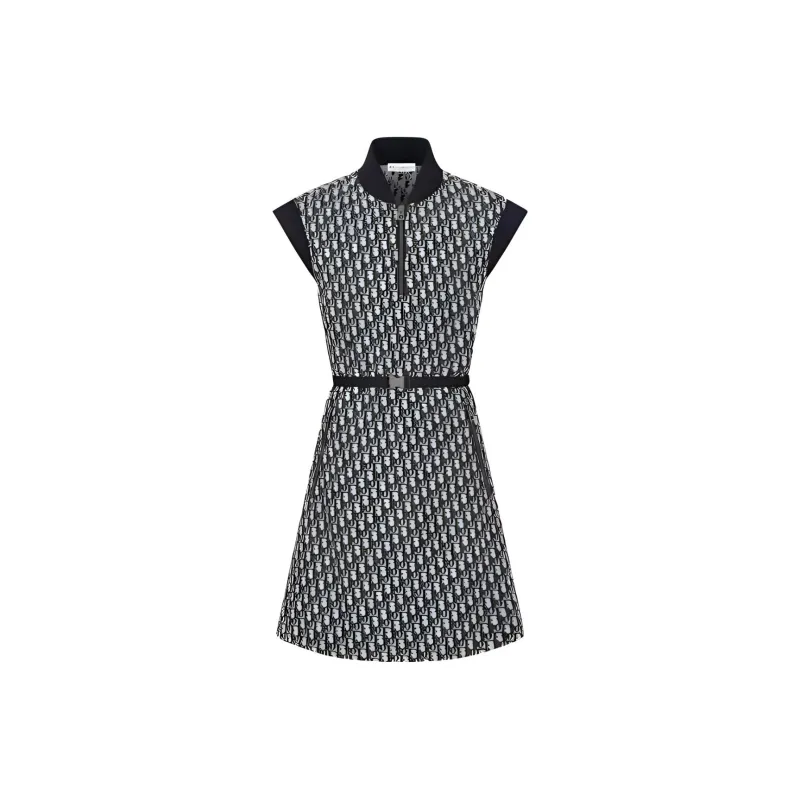 DIOR Belted Dress Technical Taffeta Jacquard With Sleeveless Dress Women's Marine Blue-0